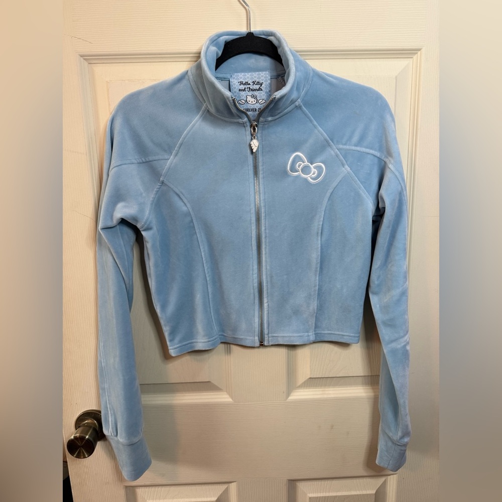 Sanrio Hello Kitty Forever 21 Blue Angel Velour Crop Track Top Zip Jacket Size M